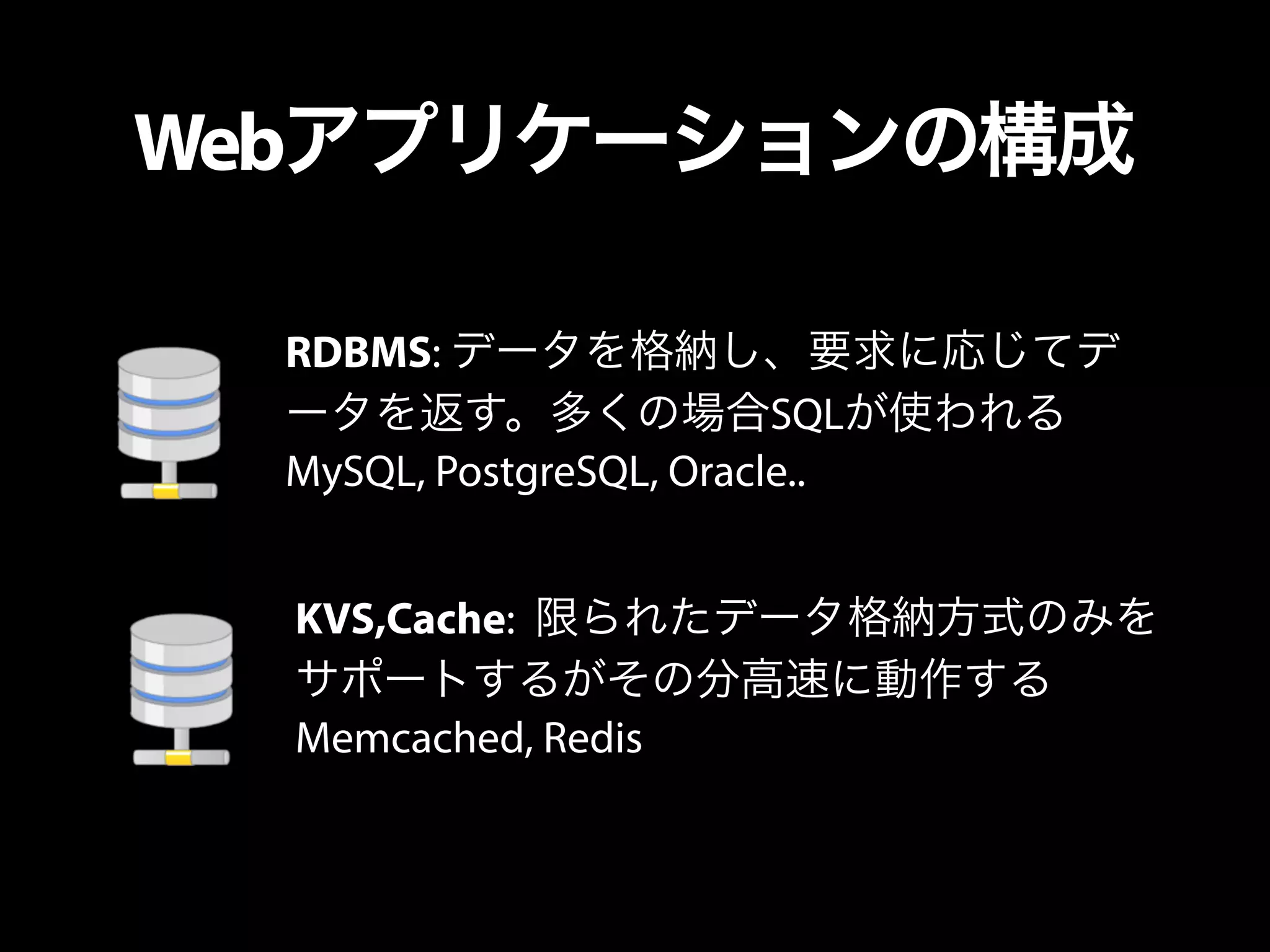 Webアプリケーションの構成
RDBMS: データを格納し、要求に応じてデ
ータを返す。多くの場合SQLが使われる
MySQL, PostgreSQL, Oracle..
KVS,Cache: 限られたデータ格納方式のみを
サポートするがその分高速に動作する
Memcached, Redis
 