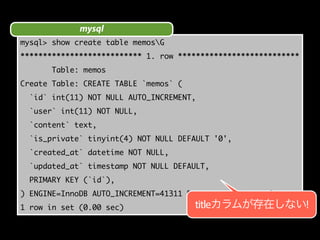 mysql 
mysql> show create table memosG 
*************************** 1. row *************************** 
Table: memos 
Create Table: CREATE TABLE `memos` ( 
`id` int(11) NOT NULL AUTO_INCREMENT, 
`user` int(11) NOT NULL, 
`content` text, 
`is_private` tinyint(4) NOT NULL DEFAULT '0', 
`created_at` datetime NOT NULL, 
`updated_at` timestamp NOT NULL DEFAULT, 
PRIMARY KEY (`id`), 
) ENGINE=InnoDB AUTO_INCREMENT=41311 DEFAULT CHARSET=utf8 
1 row in set (0.00 sec) 
titleカラムが存在しない! 
 