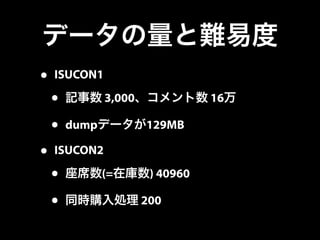 データの量と難易度 
• ISUCON1 
• 記事数 3,000、コメント数 16万 
• dumpデータが129MB 
• ISUCON2 
• 座席数(=在庫数) 40960 
• 同時購入処理 200 
 