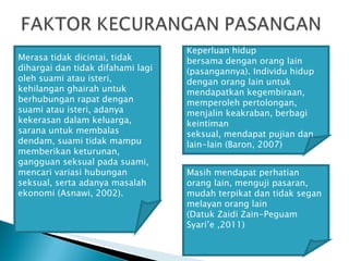 Merasa tidak dicintai, tidak dihargai dan tidak difahami lagi oleh suami atau isteri, kehilangan ghairah untuk berhubungan rapat dengan suami atau isteri, adanya kekerasan dalam keluarga, sarana untuk membalas dendam, suami tidak mampu memberikan keturunan, gangguan seksual pada suami, mencari variasi hubungan seksual, serta adanya masalah ekonomi (Asnawi, 2002). Keperluan hidup bersama dengan orang lain (pasangannya). Individu hidup dengan orang lain untuk mendapatkan kegembiraan, memperoleh pertolongan, menjalin keakraban, berbagi keintiman seksual, mendapat pujian dan lain-lain (Baron, 2007) Masih mendapat perhatian orang lain, menguji pasaran, mudah terpikat dan tidak segan melayan orang lain (Datuk Zaidi Zain-Peguam Syari’e ,2011) 