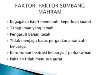 Kegagalan isteri memenuhi keperluan suami Tahap iman yang lemah Pengaruh bahan lucah Tidak menjaga batas pergaulan antara ahli keluarga Keruntuhan institusi keluarga / perkahwinan Pakaian tidak menutup aurat 