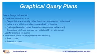 (c) 2015 Independent SAP Technical User GroupAnnual Conference, 2015
Graphical Query Plans
More things to look for:
• Check data currently in cache
o Sequential scans usually better than index scans when cache is cold
o Index scans will almost always do well with hot cache
o (Index probes often better than either seq scan or index scan)
If retrieving a lot of rows, seq scan may be better (40:1 on table pages)
• Look for expensive sub-queries
• Estimated vs. actual values (if plan built “with statistics”)
o Row counts
o Execution costs
 