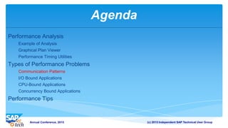 (c) 2015 Independent SAP Technical User GroupAnnual Conference, 2015
Agenda
Performance Analysis
Example of Analysis
Graphical Plan Viewer
Performance Timing Utilities
Types of Performance Problems
Communication Patterns
I/O Bound Applications
CPU-Bound Applications
Concurrency Bound Applications
Performance Tips
 