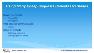 (c) 2015 Independent SAP Technical User GroupAnnual Conference, 2015
Using Many Cheap Requests Repeats Overheads
Server overheads
Parsing SQL
Building plan
Inter-process communication
Latency
Client overheads
Building up statements
Starting to process results
 