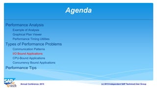(c) 2015 Independent SAP Technical User GroupAnnual Conference, 2015
Agenda
Performance Analysis
Example of Analysis
Graphical Plan Viewer
Performance Timing Utilities
Types of Performance Problems
Communication Patterns
I/O Bound Applications
CPU-Bound Applications
Concurrency Bound Applications
Performance Tips
 