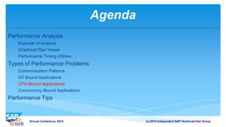 (c) 2015 Independent SAP Technical User GroupAnnual Conference, 2015
Agenda
Performance Analysis
Example of Analysis
Graphical Plan Viewer
Performance Timing Utilities
Types of Performance Problems
Communication Patterns
I/O Bound Applications
CPU-Bound Applications
Concurrency Bound Applications
Performance Tips
 