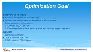 (c) 2015 Independent SAP Technical User GroupAnnual Conference, 2015
Optimization Goal
First Row vs All Rows
• Application displays first few rows of a query
• Reporting type application that will always fetch all rows of a query
• Certain application interface patterns:
o TOP <N> STARTAT <S>
o API layer fetches all rows of query even if application doesn’t use them
Solution
• Optimization_goal option
• OPTION clause on SQL Query
• TABLE Hints in the FROM clause
 