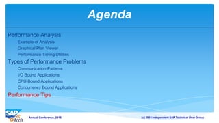 (c) 2015 Independent SAP Technical User GroupAnnual Conference, 2015
Agenda
Performance Analysis
Example of Analysis
Graphical Plan Viewer
Performance Timing Utilities
Types of Performance Problems
Communication Patterns
I/O Bound Applications
CPU-Bound Applications
Concurrency Bound Applications
Performance Tips
 