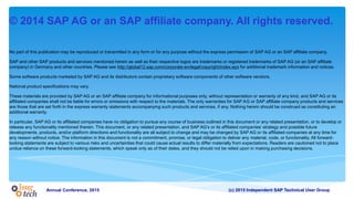 (c) 2015 Independent SAP Technical User GroupAnnual Conference, 2015
© 2014 SAP AG or an SAP affiliate company. All rights reserved.
No part of this publication may be reproduced or transmitted in any form or for any purpose without the express permission of SAP AG or an SAP affiliate company.
SAP and other SAP products and services mentioned herein as well as their respective logos are trademarks or registered trademarks of SAP AG (or an SAP affiliate
company) in Germany and other countries. Please see http://global12.sap.com/corporate-en/legal/copyright/index.epx for additional trademark information and notices.
Some software products marketed by SAP AG and its distributors contain proprietary software components of other software vendors.
National product specifications may vary.
These materials are provided by SAP AG or an SAP affiliate company for informational purposes only, without representation or warranty of any kind, and SAP AG or its
affiliated companies shall not be liable for errors or omissions with respect to the materials. The only warranties for SAP AG or SAP affiliate company products and services
are those that are set forth in the express warranty statements accompanying such products and services, if any. Nothing herein should be construed as constituting an
additional warranty.
In particular, SAP AG or its affiliated companies have no obligation to pursue any course of business outlined in this document or any related presentation, or to develop or
release any functionality mentioned therein. This document, or any related presentation, and SAP AG’s or its affiliated companies’ strategy and possible future
developments, products, and/or platform directions and functionality are all subject to change and may be changed by SAP AG or its affiliated companies at any time for
any reason without notice. The information in this document is not a commitment, promise, or legal obligation to deliver any material, code, or functionality. All forward-
looking statements are subject to various risks and uncertainties that could cause actual results to differ materially from expectations. Readers are cautioned not to place
undue reliance on these forward-looking statements, which speak only as of their dates, and they should not be relied upon in making purchasing decisions.
 
