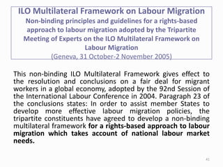 ILO Multilateral Framework on Labour Migration
Non-binding principles and guidelines for a rights-based
approach to labour migration adopted by the Tripartite
Meeting of Experts on the ILO Multilateral Framework on
Labour Migration
(Geneva, 31 October-2 November 2005)
This non-binding ILO Multilateral Framework gives effect to
the resolution and conclusions on a fair deal for migrant
workers in a global economy, adopted by the 92nd Session of
the International Labour Conference in 2004. Paragraph 23 of
the conclusions states: In order to assist member States to
develop more effective labour migration policies, the
tripartite constituents have agreed to develop a non-binding
multilateral framework for a rights-based approach to labour
migration which takes account of national labour market
needs.
41
 