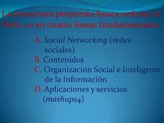La estructura propuesta busca ordenar la Web 2.0 en cuatro líneas fundamentales:A. Social Networking (redes   			     sociales)B. ContenidosC. Organización Social e Inteligente 		     de la InformaciónD. Aplicaciones y servicios 				    (mashups4)