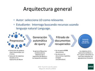Preproceso
• Extracción de palabras
clave relacionadas con
el tema
• Selección de objetivos
basados en la
taxonomía de Bloom
Generación
automática
de query
Se generan N queries
combinando los
objetivos de la
taxonomía de Bloom y
los keywords extraídos.
Filtrado de
documentos
recuperados
• Se recuperan N*M
documentos
• Se eliminan los
documentos repetidos
(snippet
concatenation)
Conjunto
agrupado
usando FCA
Los objetivos de la
taxonomía de Bloom y
los n-grams relevantes se
usan para etiquetar las
agrupaciones (clusters)
Arquitectura general
Autor: selecciona LO como relevante.
Estudiante: Interroga buscando recursos usando
lenguaje natural Language.
2010 iSummit Loxa (Ecuador)
Miguel R. Artacho (UNED)
 