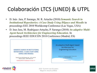 Colaboración LTCS (UNED) & UTPL
• D. Inés Jara, P. Sarango, M. R. Artacho (2010) Semantic Search in
Institutional Repositories: A Case Study Using DSpace and Moodle in
proceedings EEE 2010 Worldcomp Conference (Las Vegas, USA)
• D. Ines Jara, M. Rodríguez-Artacho, P. Sarango (2010) An adaptive Multi-
Agent based Architecture for Engineering Education. In
proceedings IEEE EDUCON 2010 Conference (Madrid, ES)
2010 iSummit Loxa (Ecuador)
Miguel R. Artacho (UNED)
 