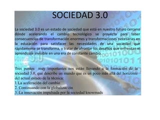 SOCIEDAD 3.0La sociedad 3.0 es un estado de sociedad que está en nuestro futuro cercano dónde acelerando el cambio tecnológico se proyecta para tener consecuencias de transformación enormes y transformaciones necesarias en la educación para satisfacer las necesidades de una sociedad que rápidamente se transforma, y tratar de afrontar los desafíos que enfrentan el aprendizaje invisible en una era de constante cambio.  Tres puntos  muy importantes nos están llevando a la formación de la sociedad 3.0, que describe un mundo que es un poco más allá del horizonte del actual estado de la técnica:l. La aceleración del cambio2. Continuando con la globalización3. La innovación impulsada por la sociedad knowmads