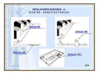 INSTALACIONES SANITARAS vs
D I S E Ñ O A R Q U I T E C T O N I C O
Artículo 95:
Artículo 101:
Artículo 99:
Artículo 100:
 