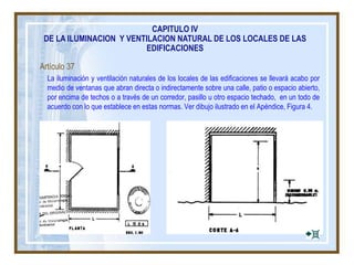 CAPITULO IV
DE LA ILUMINACION Y VENTILACION NATURAL DE LOS LOCALES DE LAS
EDIFICACIONES
Artículo 37
La iluminación y ventilación naturales de los locales de las edificaciones se llevará acabo por
medio de ventanas que abran directa o indirectamente sobre una calle, patio o espacio abierto,
por encima de techos o a través de un corredor, pasillo u otro espacio techado, en un todo de
acuerdo con lo que establece en estas normas. Ver dibujo ilustrado en el Apéndice, Figura 4.
 