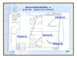 INSTALACIONES SANITARAS vs
D I S E Ñ O A R Q U I T E C T O N I C O
Artículo 19:
Artículo 13:
Artículo 20:
Artículo 23:
 