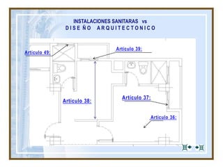 INSTALACIONES SANITARAS vs
D I S E Ñ O A R Q U I T E C T O N I C O
Artículo 49:
Artículo 37:
Artículo 39:
Artículo 36:
Artículo 38:
 