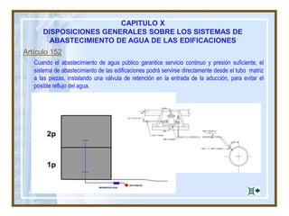 CAPITULO X
DISPOSICIONES GENERALES SOBRE LOS SISTEMAS DE
ABASTECIMIENTO DE AGUA DE LAS EDIFICACIONES
Artículo 152
Cuando el abastecimiento de agua público garantice servicio continuo y presión suficiente, el
sistema de abastecimiento de las edificaciones podrá servirse directamente desde el tubo matriz
a las piezas, instalando una válvula de retención en la entrada de la aducción, para evitar el
posible reflujo del agua.
 