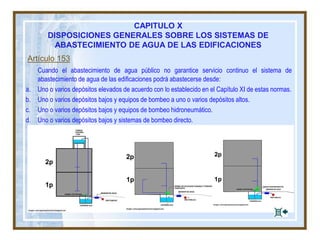 Artículo 153
Cuando el abastecimiento de agua público no garantice servicio continuo el sistema de
abastecimiento de agua de las edificaciones podrá abastecerse desde:
a. Uno o varios depósitos elevados de acuerdo con lo establecido en el Capítulo XI de estas normas.
b. Uno o varios depósitos bajos y equipos de bombeo a uno o varios depósitos altos.
c. Uno o varios depósitos bajos y equipos de bombeo hidroneumático.
d. Uno o varios depósitos bajos y sistemas de bombeo directo.
CAPITULO X
DISPOSICIONES GENERALES SOBRE LOS SISTEMAS DE
ABASTECIMIENTO DE AGUA DE LAS EDIFICACIONES
 