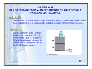 CAPITULO XI
DE LOS ESTANQUES DE ALMACENAMIENTO DE AGUA POTABLE
PARA LAS EDIFICACIONES
Artículo 159
Todo estanque de almacenamiento (bajo, intermedio y elevado), deberá tener acceso directo
desde áreas comunes de la edificación para su debida operación, mantenimiento e inspección.
Artículo 160
Cuando solamente exista estanque
elevado, su capacidad útil será
cuando menos igual a la dotación
diaria de la edificación, calculada de
acuerdo con lo establecido en el
Capítulo VII de estas normas.
 