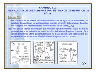 CAPITULO XIX
DEL CALCULO DE LAS TUBERIAS DEL SISTEMA DE DISTRIBUCION DE
AGUA
Artículo 293
Los diámetros de las tuberías del sistema de distribución de agua de las edificaciones, se
calcularán de acuerdo con los gastos probables obtenidos en función de las unidades de gastos
que se asignan a las piezas sanitarias a servir de acuerdo con las Tablas 33 y 34.
Nota: Para calcular tuberías de distribución que conduzcan agua fría solamente, o agua fría más el
gasto del agua a ser calentada, se usarán las cifras indicadas en la primera columna. Para
calcular diámetros de tubería que conduzcan agua fría o agua caliente a una pieza sanitaria que
requiera de ambas, se usarán las cifras indicadas en la segunda y tercera columna
 