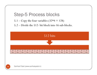 Step-5 Process blocks
5.1 – Copy the four variables (32*4 = 128)
5.2 – Divide the 512- bit block into 16 sub-blocks.
512 bits
Sarthak Patel (www.sarthakpatel.in)36
5.3 – Process each block with A, B, C, D.
32
bits
32
bits
32
bits
32
bits
32
bits
32
bits
32
bits
32
bits
32
bits
32
bits
32
bits
32
bits
32
bits
32
bits
32
bits
32
bits
512 bits
 