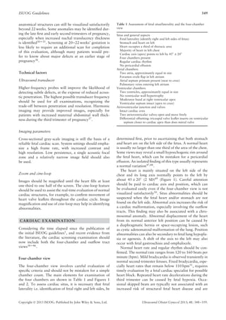 ISUOG Guidelines 349
anatomical structures can still be visualized satisfactorily
beyond 22 weeks. Some anomalies may be identiﬁed dur-
ing the late ﬁrst and early second trimesters of pregnancy,
especially when increased nuchal translucency thickness
is identiﬁed30–35
. Screening at 20–22 weeks’ gestation is
less likely to require an additional scan for completion
of this evaluation, although many patients would pre-
fer to know about major defects at an earlier stage of
pregnancy36.
Technical factors
Ultrasound transducer
Higher-frequency probes will improve the likelihood of
detecting subtle defects, at the expense of reduced acous-
tic penetration. The highest possible transducer frequency
should be used for all examinations, recognizing the
trade-off between penetration and resolution. Harmonic
imaging may provide improved images, especially for
patients with increased maternal abdominal wall thick-
ness during the third trimester of pregnancy37
.
Imaging parameters
Cross-sectional gray-scale imaging is still the basis of a
reliable fetal cardiac scan. System settings should empha-
size a high frame rate, with increased contrast and
high resolution. Low persistence, a single acoustic focal
zone and a relatively narrow image ﬁeld should also
be used.
Zoom and cine-loop
Images should be magniﬁed until the heart ﬁlls at least
one third to one half of the screen. The cine-loop feature
should be used to assist the real-time evaluation of normal
cardiac structures, for example, to conﬁrm movement of
heart valve leaﬂets throughout the cardiac cycle. Image
magniﬁcation and use of cine-loop may help in identifying
abnormalities.
CARDIAC EXAMINATION
Considering the time elapsed since the publication of
the initial ISUOG guidelines1
, and recent evidence from
the literature, the cardiac screening examination should
now include both the four-chamber and outﬂow tract
views38–46.
Four-chamber view
The four-chamber view involves careful evaluation of
speciﬁc criteria and should not be mistaken for a simple
chamber count. The main elements for examination of
the four chambers are shown in Table 1 and Figures 1
and 2. To assess cardiac situs, it is necessary that fetal
laterality i.e. identiﬁcation of fetal right and left sides, be
Table 1 Assessment of fetal situs/laterality and the four-chamber
view
Situs and general aspects
Fetal laterality (identify right and left sides of fetus)
Stomach and heart on left
Heart occupies a third of thoracic area
Majority of heart in left chest
Cardiac axis (apex) points to left by 45◦
± 20◦
Four chambers present
Regular cardiac rhythm
No pericardial effusion
Atrial chambers
Two atria, approximately equal in size
Foramen ovale ﬂap in left atrium
Atrial septum primum present (near to crux)
Pulmonary veins entering left atrium
Ventricular chambers
Two ventricles, approximately equal in size
No ventricular wall hypertrophy
Moderator band at right ventricular apex
Ventricular septum intact (apex to crux)
Atrioventricular junction and valves
Intact cardiac crux
Two atrioventricular valves open and move freely
Differential offsetting: tricuspid valve leaﬂet inserts on ventricular
septum closer to cardiac apex than does mitral valve
determined ﬁrst, prior to ascertaining that both stomach
and heart are on the left side of the fetus. A normal heart
is usually no larger than one third of the area of the chest.
Some views may reveal a small hypoechogenic rim around
the fetal heart, which can be mistaken for a pericardial
effusion. An isolated ﬁnding of this type usually represents
a normal variation47,48
.
The heart is mainly situated on the left side of the
chest and its long axis normally points to the left by
about 45 ± 20◦
(2 SD)49 (Figure 1). Careful attention
should be paid to cardiac axis and position, which can
be evaluated easily even if the four-chamber view is not
visualized satisfactorily50. Situs abnormalities should be
suspected when the fetal heart and/or stomach are not
found on the left side. Abnormal axis increases the risk of
a cardiac malformation, especially involving the outﬂow
tracts. This ﬁnding may also be associated with a chro-
mosomal anomaly. Abnormal displacement of the heart
from its normal anterior left position can be caused by
a diaphragmatic hernia or space-occupying lesion, such
as cystic adenomatoid malformation of the lung. Position
abnormalities can also be secondary to fetal lung hypopla-
sia or agenesis. A shift of the axis to the left may also
occur with fetal gastroschisis and omphalocele.
Normal heart rate and regular rhythm should be con-
ﬁrmed. The normal rate ranges from 120 to 160 beats per
minute (bpm). Mild bradycardia is observed transiently in
normal second-trimester fetuses. Fixed bradycardia, espe-
cially heart rates that remain below 110 bpm51
, requires
timely evaluation by a fetal cardiac specialist for possible
heart block. Repeated heart rate decelerations during the
third trimester can be caused by fetal hypoxia. Occa-
sional skipped beats are typically not associated with an
increased risk of structural fetal heart disease and are
Copyright  2013 ISUOG. Published by John Wiley & Sons, Ltd. Ultrasound Obstet Gynecol 2013; 41: 348–359.
 