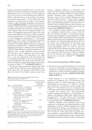 258 ISUOG Guidelines
frequency and mode of surveillance have yet to be estab-
lished. The incidence of TAPS occurring spontaneously in
MCDA twins is up to 5%. However, it may complicate
up to 13% of cases of TTTS following laser ablation96
.
TAPS is believed to be due to the presence of miniscule
arteriovenous anastomoses (< 1 mm) which allow slow
transfusion of blood from the donor to the recipient,
leading to highly discordant hemoglobin concentrations
at birth (EVIDENCE LEVEL: 3). The postnatal diagnosis
of TAPS is made based on the ﬁnding of chronic anemia
(including reticulocytosis) in the donor and polycythemia
in the recipient. The criteria for diagnosis include a dif-
ference in hemoglobin concentration between the twins
of more than 8 g/dL and at least one of either reticulocyte
count ratio greater than 1.7 or small vascular anastomoses
(< 1 mm in diameter) in the placenta109,110 The prenatal
diagnosis of TAPS is based on the ﬁnding of discordant
MCA Doppler abnormalities, including MCA-PSV > 1.5
multiples of the median (MoM) in the donor, suggesting
fetal anemia, and MCA-PSV < 1.0 MoM in the recipient,
suggesting polycythemia. Additional ultrasound ﬁndings
in TAPS include differences in placental echogenicity and
thickness, with a bright, thickened section associated
with the donor and an echolucent thin section associ-
ated with the recipient. The polycythemic twin might
have a ‘starry sky’ appearance of the liver pattern due
to diminished echogenicity of the liver parenchyma and
increased brightness of the portal venule walls. The ante-
natal and postnatal severity-based staging classiﬁcations
are shown in Table 2 109,110
(EVIDENCE LEVEL: 3).
The outcome of twin pregnancies complicated by TAPS
is variable. Severe TAPS may result in IUD of both twins.
At the other end of the spectrum, mild TAPS may still
allow the birth of two healthy neonates (apart from
Table 2 Antenatal and postnatal staging of twin anemia–
polycythemia sequence (TAPS)109,110
Stage Antenatal staging
Postnatal staging:
intertwin
Hb diff (g/dL)
1 Donor MCA-PSV > 1.5 MoM and
recipient MCA-PSV < 1.0 MoM,
without other signs of fetal
compromise
> 8.0
2 Donor MCA-PSV > 1.7 MoM and
recipient MCA-PSV < 0.8 MoM,
without other signs of fetal
compromise
> 11.0
3 Stage 1 or 2 and cardiac compromise
in donor (UA-AREDF, UV
pulsatile ﬂow, or DV increased or
reversed ﬂow)
> 14.0
4 Hydrops of donor twin > 17.0
5 Death of one or both fetuses,
preceded by TAPS
> 20.0
AREDF, absent or reversed end-diastolic ﬂow; DV, ductus venosus;
Hb, hemoglobin; MCA, middle cerebral artery; MoM, multiples of
median; PI, pulsatility index; PSV, peak systolic velocity; UA,
umbilical artery; UV, umbilical vein.
having a signiﬁcant difference in hemoglobin level
between the two). It appears that the main neonatal mor-
bidity is anemia (requiring transfusion) and polycythemia
(possibly requiring partial exchange transfusion)111.
However, cases of severe cerebral damage have been
reported in TAPS neonates112
. Recent evidence suggests
that, in monochorionic twins complicated by TAPS, the
risk of neurodevelopmental delay is increased (20%)113
.
Therefore, brain imaging during the third trimester and
neurodevelopmental assessment at the age of 2 years are
recommended (EVIDENCE LEVEL: 3).
The management options depend on the gestational
age at diagnosis, parental choice, severity of the dis-
ease and technical feasibility of intrauterine therapy.
Therefore, the management of twin pregnancies compli-
cated by TAPS should be individualized. The commonest
options include conservative management, early delivery,
laser ablation or intrauterine blood transfusion (IUT) for
the anemic twin, combined IUT for the anemic twin
and partial exchange transfusion to dilute the blood
of the polycythemic twin114
. In order to screen for
TAPS, the MCA-PSV should be measured from 20 weeks
onwards in both fetuses, and during the follow-up of
cases treated for TTTS. Prevention of TAPS by modiﬁca-
tion of the fetoscopic laser ablation technique remains
the best way to prevent morbidity87,115
(EVIDENCE
LEVEL: 3).
Twin reversed arterial perfusion (TRAP) sequence
• The chances of survival of the pump twin are increased
by the use of minimally invasive techniques (e.g. cord
coagulation, cord ligation and photocoagulation of the
anastomoses, as well as intrafetal methods), preferably
before 16 weeks of gestation (GRADE OF RECOM-
MENDATION: D).
TRAP sequence is a rare complication of mono-
chorionic twin pregnancy (1% of monochorionic twin
pregnancies and 1 in 35 000 pregnancies overall). It is
characterized by the presence of a TRAP or acardiac
mass perfused by an apparently normal (pump) twin
(Figure 5)116
. The perfusion occurs in a retrograde fash-
ion through arterioarterial anastomoses, usually through
a common cord insertion site117
. This characteristic
vascular arrangement predisposes to a hyperdynamic cir-
culation and progressive high-output cardiac failure in
the pump twin117
. The risk of demise of the pump fetus
in TRAP sequence managed conservatively is up to 30%
by 18 weeks’ gestation118
(EVIDENCE LEVEL: 3).
Different minimally invasive techniques, such as cord
coagulation, cord ligation and photocoagulation of the
anastomoses, as well as intrafetal methods, such as RFA
and intrafetal laser therapy, are performed as a means
of preventing the demise of the pump twin (Figure 5)119
.
The survival rate of the pump twin using these treat-
ment modalities is approximately 80%. TRAP sequence
pregnancies are usually monitored serially, with the aim of
undertaking intrauterine therapy if cardiac strain becomes
Copyright © 2015 ISUOG. Published by John Wiley & Sons Ltd. Ultrasound Obstet Gynecol 2016; 47: 247–263.
 