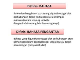 Sistem lambang bunyi suara yang dipakai sebagai alat
perhubungan dalam lingkungan satu kelompok
manusia (antara seorang individu
dengan individu yang lain dan sebagainya)
Bahasa yang digunakan sebagai alat perhubungan atau
komunikasi dalam pengajaran (di sekolah) atau dalam
perundingan (mesyuarat, dsb)
Definisi BAHASA
Difinisi BAHASA PENGANTAR
 