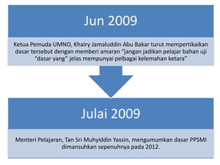 Julai 2009
Menteri Pelajaran, Tan Sri Muhyiddin Yassin, mengumumkan dasar PPSMI
dimansuhkan sepenuhnya pada 2012.
Jun 2009
Ketua Pemuda UMNO, Khairy Jamaluddin Abu Bakar turut mempertikaikan
dasar tersebut dengan memberi amaran “jangan jadikan pelajar bahan uji
“dasar yang” jelas mempunyai pelbagai kelemahan ketara”
 