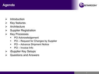 Agenda Introduction Key features Architecture Supplier Registration Key Processes PO Acknowledgement PO – Request for Changes by Supplier PO – Advance Shipment Notice PO – Invoice Info iSupplier Key Setups Questions and Answers 