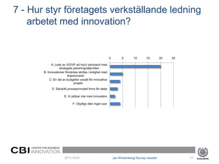 7 - Hur styr företagets verkställande ledning
    arbetet med innovation?


                                                                0         5        10       15         20   25

                  A. Leds av VD/VP ad hoc/i samband med
                        strategisk planering/säljmöten
            B. Innovationer förväntas skötas i enlighet med
                              linjeansvaret
                C. En del av budgeten avsatt för innovativa
                                    projekt
                 D. Särskild process/modell finns för detta

                           E. Vi jobbar inte med innovation

                                 F. Otydligt eller inget svar




    CENTER FOR BUSINESS
    INNOVATION
                           2011-12-01                               Jan Wickenberg| iSurvey resultat             17
 