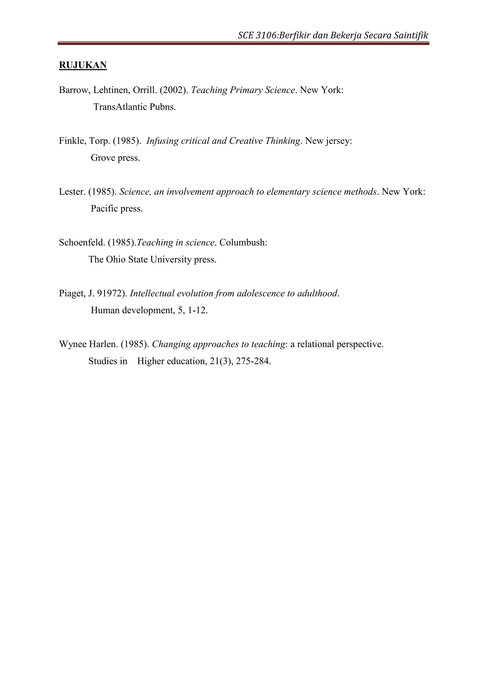 SCE 3106:Berfikir dan Bekerja Secara Saintifik
RUJUKAN
Barrow, Lehtinen, Orrill. (2002). Teaching Primary Science. New York:
TransAtlantic Pubns.
Finkle, Torp. (1985). Infusing critical and Creative Thinking. New jersey:
Grove press.
Lester. (1985). Science, an involvement approach to elementary science methods. New York:
Pacific press.
Schoenfeld. (1985).Teaching in science. Columbush:
The Ohio State University press.
Piaget, J. 91972). Intellectual evolution from adolescence to adulthood.
Human development, 5, 1-12.
Wynee Harlen. (1985). Changing approaches to teaching: a relational perspective.
Studies in Higher education, 21(3), 275-284.
 