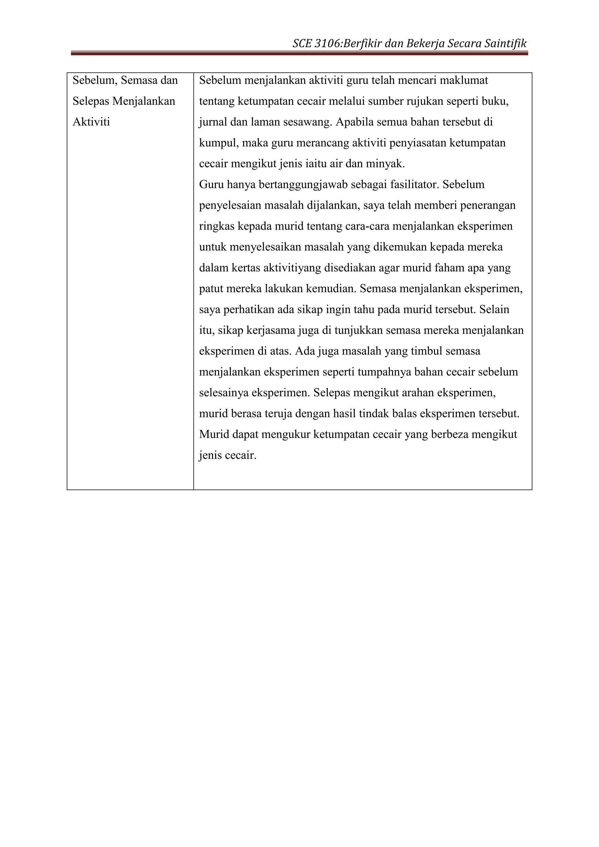 SCE 3106:Berfikir dan Bekerja Secara Saintifik
Sebelum, Semasa dan
Selepas Menjalankan
Aktiviti
Sebelum menjalankan aktiviti guru telah mencari maklumat
tentang ketumpatan cecair melalui sumber rujukan seperti buku,
jurnal dan laman sesawang. Apabila semua bahan tersebut di
kumpul, maka guru merancang aktiviti penyiasatan ketumpatan
cecair mengikut jenis iaitu air dan minyak.
Guru hanya bertanggungjawab sebagai fasilitator. Sebelum
penyelesaian masalah dijalankan, saya telah memberi penerangan
ringkas kepada murid tentang cara-cara menjalankan eksperimen
untuk menyelesaikan masalah yang dikemukan kepada mereka
dalam kertas aktivitiyang disediakan agar murid faham apa yang
patut mereka lakukan kemudian. Semasa menjalankan eksperimen,
saya perhatikan ada sikap ingin tahu pada murid tersebut. Selain
itu, sikap kerjasama juga di tunjukkan semasa mereka menjalankan
eksperimen di atas. Ada juga masalah yang timbul semasa
menjalankan eksperimen seperti tumpahnya bahan cecair sebelum
selesainya eksperimen. Selepas mengikut arahan eksperimen,
murid berasa teruja dengan hasil tindak balas eksperimen tersebut.
Murid dapat mengukur ketumpatan cecair yang berbeza mengikut
jenis cecair.
 