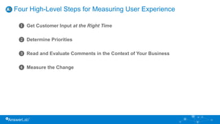 Four High-Level Steps for Measuring User Experience
23
❶ Get Customer Input at the Right Time
❷ Determine Priorities
❸ Read and Evaluate Comments in the Context of Your Business
❹ Measure the Change
 