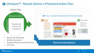 Top Priorities for UX Investment
29
UXimpact™ Results Deliver a Prioritized Action Plan
Action Plan
Recommendations
Priorities for
Future UX
Investment
• Report and Workshop
• Monthly Scorecard
• Quarterly Reporting and Workshop
• UX Score
Key Indices
UXimpact™ score
Recommendations
 
