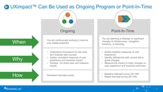 30
UXimpact™ Can Be Used as Ongoing Program or Point-In-Time
Ongoing Point-In-Time
When
You are continuously working to improve
your digital properties
You are planning a redesign or significant
changes to infrastructure, navigation,
hierarchy, or branding
• Understand motivations for site visits
and evaluate task success
• Gather consistent measures of user
experience and business impact
• Develop UX action plan and measure
results
Persistent intercept survey
• Gather baseline measures of user
experience
• Identify deficiencies with current site to
guide changes
• Measure the impact of major changes on
user experience and business outcomes
• Baseline intercept survey (N>100)
• Retest intercept survey (N>100)
Why
How
 