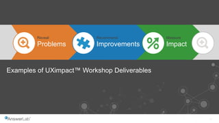 32
Examples of UXimpact™ Workshop Deliverables
Reveal
Problems
Recommend
Improvements
Measure
Impact
 