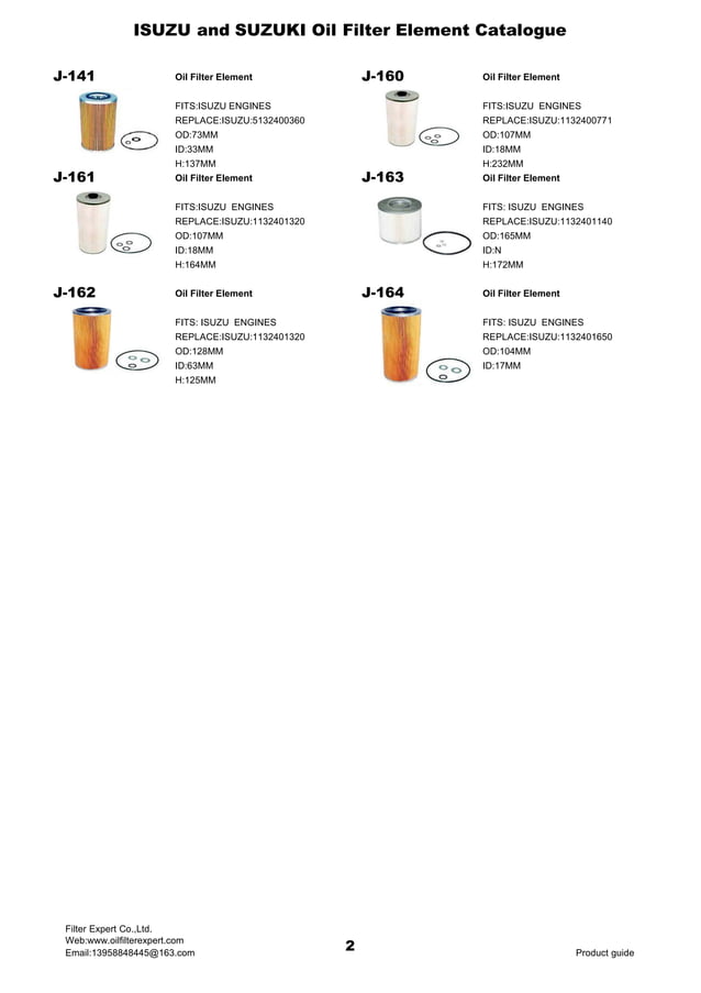 Isuzu&suzuki oil filter element catalog PDF