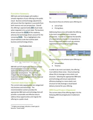 Business Gap Analysis
       Executive Summary                                                                                             Business Gap Analysis                       40.4%
       IBM tools and technologies will enable a                                                                                                        Unit of Sale Pricing Strategy       Pricing Basis

       smooth migration of your offering to the public                                                               Score                                    33.33%            100.00%                 25.00%

       cloud. Business and technology adjustments
                                                                                                                     Key areas to focus to enhance your offering are:
       will ensure that the migration is successful from
       both revenue and cost perspectives. Overall                                                                           •      Unit of Sale
       the offering is approximately 56% cloud-ready                                                                         •      Pricing Basis
       when migrated in its current state. The business
       drivers account for 40.4% of this readiness,                                                                  Addressing these areas will enable the offering
       whereas the technology drivers account for the                                                                to be more competitive from a revenue
       remaining 59.6%. This is highlighted in the                                                                   perspective. In order to maximize the benefits
       cloud-readiness scale that outlines both                                                                      of a cloud delivery channel, it is imperative to
       business and technology drivers.                                                                              focus on important aspects such as customer
                                                                                                                     segmentation and overall pricing strategy.
                                      Cloud Readiness Scale
            100.00%                                                                                                  Technology Gap Analysis
             90.00%
             80.00%
                                                                                                                     Technology Gap Analysis                   59.6%
             70.00%                                                                                                                                  Virtualization Tenancy            Infrastructure       Cloud Platform
             60.00%
                                                                                                                                                                                       Management
Readiness




             50.00%
             40.00%                                                                                                  Score                                  50.00%            33.33%               75.00%          75.00%
             30.00%
             20.00%
             10.00%                                                                                                  Key areas to focus to enhance your offering are:
              0.00%
                      Unit of Sale    Pricing   Pricing Basis Virtualization   Tenancy   Infrastructure    Cloud
                                     Strategy                                            Management       Platform
                                                                                                                             •      Virtualization
                                                                                                                             •      Tenancy
       IBM WD and GTS Application Services provide
       cloud application resources and cloud
                                                                                                                     In order to be more cost elastic, the offering
       application development services for rapid
                                                                                                                     must address these areas. Cloud computing
       application development. This will help
       mitigate the technology gaps. The financial                                                                   allows ISVs to leverage a more elastic cost
       implication of this is highlighted in the financial                                                           structure. Selecting the appropriate IBM tools
       projection section.                                                                                           and technology will ensure operational
                                                                                                                     efficiency leading to a more elastic cost-
        1Current-state                                 Gap Analysis                                                  structure to fully leverage a cloud-based
       The current-state opportunities are categorized
                                                                                                                     delivery channel for your offering.
       into business and technology. The
       recommendation section provides the                                                                           IBM Cloud Project Alignment
       appropriate IBM tools and technology that will                                                                The current state of the offering aligns it to the
       provide a sustainable and effective way to                                                                    following IBM Cloud Application Enablement
       address these opportunities and migrate the                                                                   Project.
       offering to a public cloud.


       1
        A higher percentage indicates a lower gap to
       become “cloud ready”
 