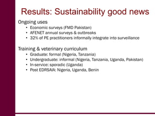Evaluation of participatory disease surveillance  for highly pathogenic avian influenza in Africa and rinderpest in Pakistan