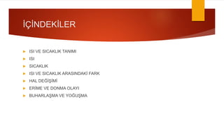 İÇİNDEKİLER
 ISI VE SICAKLIK TANIMI
 ISI
 SICAKLIK
 ISI VE SICAKLIK ARASINDAKİ FARK
 HAL DEĞİŞİMİ
 ERİME VE DONMA OLAYI
 BUHARLAŞMA VE YOĞUŞMA
 