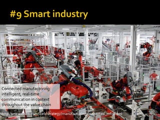 Connected manufactoring
intelligent, real-time
communication in context
throughout the value chain
http://www.cisco.com/web/strategy/manufacturing/connected_mfg.html
 