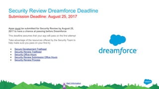 Security Review Dreamforce Deadline
Apps must be submitted for Security Review by August 25,
2017 to have a chance at passing before Dreamforce
This deadline assumes that your app will pass on the first attempt
Take advantage of the resources offered by the Security Team to
help make sure you pass on your first try
● Secure Development Trailhead
● Security Review Trailhead
● Security Office Hours
● Security Review Submission Office Hours
● Security Review Process
Alert Information
Submission Deadline: August 25, 2017
 