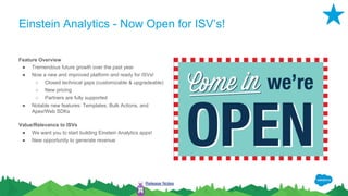 Einstein Analytics - Now Open for ISV’s!
Feature Overview
● Tremendous future growth over the past year
● Now a new and improved platform and ready for ISVs!
○ Closed technical gaps (customizable & upgradeable)
○ New pricing
○ Partners are fully supported
● Notable new features: Templates, Bulk Actions, and
Apex/Web SDKs
Value/Relevance to ISVs
● We want you to start building Einstein Analytics apps!
● New opportunity to generate revenue
Release Notes
 