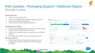 Path Updates - Packaging Support / Additional Objects
Feature Overview
● Paths are now package-able
● Paths can be added to any objects to guide your users
through your business processes
● Path remembers user’s display preferences
Value/Relevance to ISVs
● ISVs can now package Paths for standard & custom objects
to guide users through staged processes.
● Paths can be assigned based on record types and different
picklists
● Path fields and content can be customized by the ISV
Known Limitations
● A Path’s key fields and Guidance for Success are not
configurable by system admins for Paths in managed
packages
Generally Available
Release Notes
 