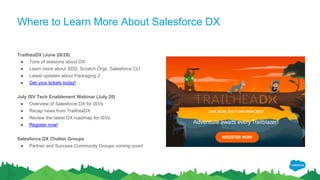 TrailheaDX (June 28/29)
● Tons of sessions about DX
● Learn more about SDD, Scratch Orgs, Salesforce CLI
● Latest updates about Packaging 2
● Get your tickets today!
July ISV Tech Enablement Webinar (July 20)
● Overview of Salesforce DX for ISVs
● Recap news from TrailheaDX
● Review the latest DX roadmap for ISVs
● Register now!
Salesforce DX Chatter Groups
● Partner and Success Community Groups coming soon!
Where to Learn More About Salesforce DX
 
