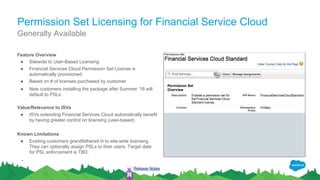 Permission Set Licensing for Financial Service Cloud
Feature Overview
● Sitewide to User-Based Licensing
● Financial Services Cloud Permission Set License is
automatically provisioned
● Based on # of licenses purchased by customer
● New customers installing the package after Summer ‘18 will
default to PSLs
Value/Relevance to ISVs
● ISVs extending Financial Services Cloud automatically benefit
by having greater control on licensing (user-based)
Known Limitations
● Existing customers grandfathered in to site-wide licensing.
They can optionally assign PSLs to their users. Target date
for PSL enforcement is TBD.
●
Generally Available
Release Notes
 
