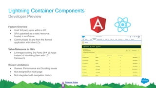 Lightning Container Components
Feature Overview
● Host 3rd party apps within a LC
● SPA uploaded as a static resource,
hosted in an iFrame
● Communicate to and from the framed
application with other LCs
Value/Relevance to ISVs
● Leverage existing 3rd Party SPA JS Apps
instead of rebuilding them with LC
framework
Known Limitations
● Iframes: Performance and Scrolling issues
● Not designed for multi-page
● Not integrated with navigation history
Developer Preview
Release Notes
 